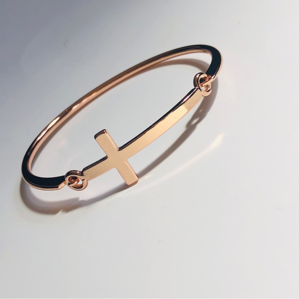 Rose Gold Sideways Cross Bangle Bracelet – Adjustable Fit Up to 7.5” Inches